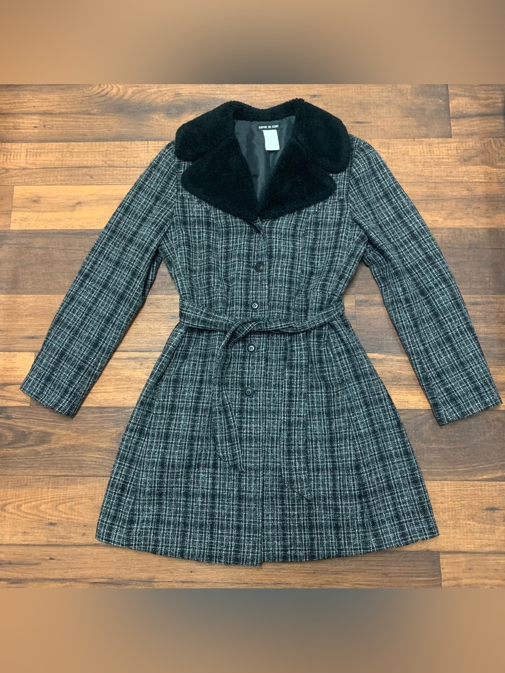 Vintage Esprit De Corp Wool Blend Tweed Plaid Belted Black Coat Fur Collar L
